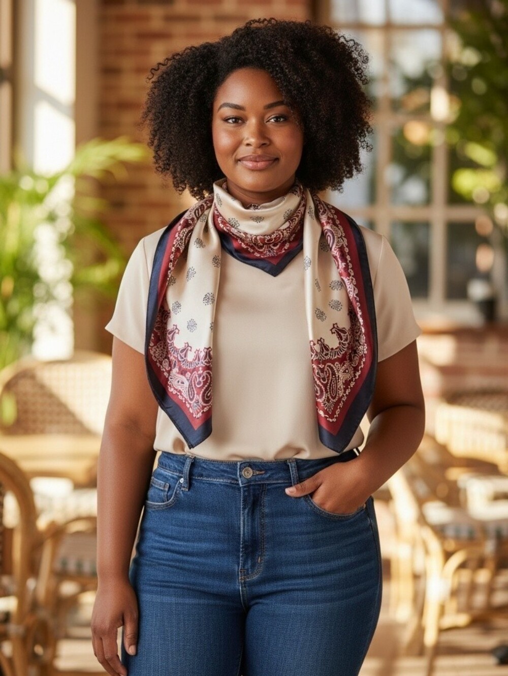 Luxury Silky Paisley Scarf - Ivory, Navy and Burgundy